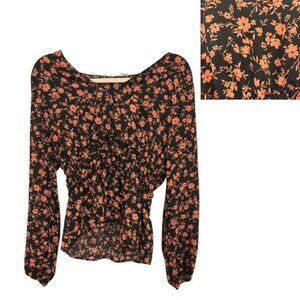 Lush Black Orange Floral Empire Waist Blouse Romantic Feminine Medium
